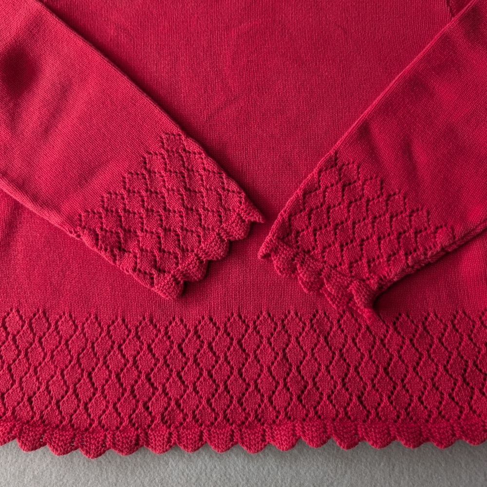 Vintage Villager Red Pointelle Knit Scalloped Edge Pullover Cotton Sweater MP image 5